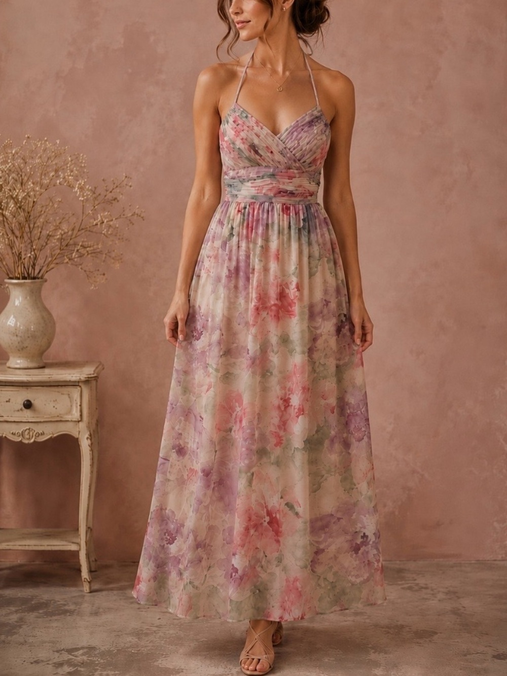 Ralph Lauren Pink Floral Sweetheart Neckline Halter Maxi Dress Size 8 Watercolor